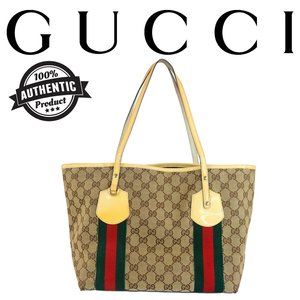 Gucci GG Canvas Monogram Sherry Line Tote Leather trimmed Beige